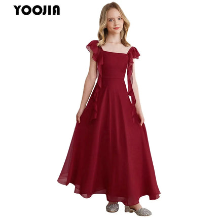 Girls Ruffle Sleeve Chiffon A Line Party Dress Summer Kids Flower Girl Wedding Dress Princess Birthday Party Formal Long Dress
