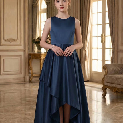 Teen Girl Wedding Party Dress Long Evening Gown Dark Blue High-Class Satin with Irregular Skirt Flare,Formal Occasions,Banquets