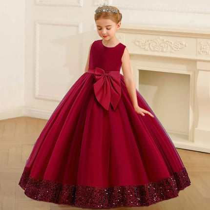 Fluffy Sequin Bridemaid Princess Girls Dress Elegant Bow Pink Wedding Prom Evening Kids Party Dresses for Girl Birthday Costumes
