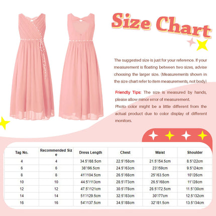 Kids Girls Wedding Bridesmaid Dress Spaghetti Strap Elegant Chiffon Maxi Party Dresses with Faux Pearls Belt for Banquet Pageant