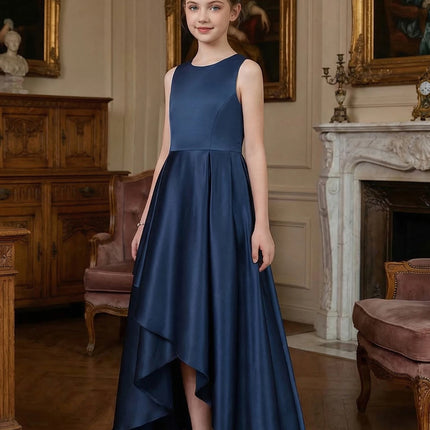 Teen Girl Wedding Party Dress Long Evening Gown Dark Blue High-Class Satin with Irregular Skirt Flare,Formal Occasions,Banquets