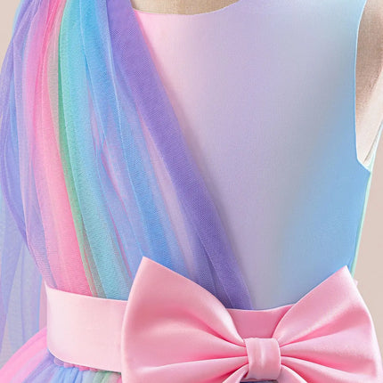 Rainbow Mesh Girls Elegant Bridesmaid Party Dress Kids Wedding Birthday Princess Evening Gown 10 12 Years