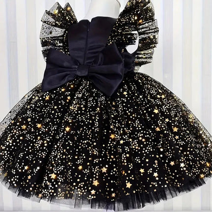 Toddler Baby Girls Luxury Star Sequins Flying Sleeve Bow Princess Dress For Infant 1st Year Birthday Baptism Christmas Prom Gown