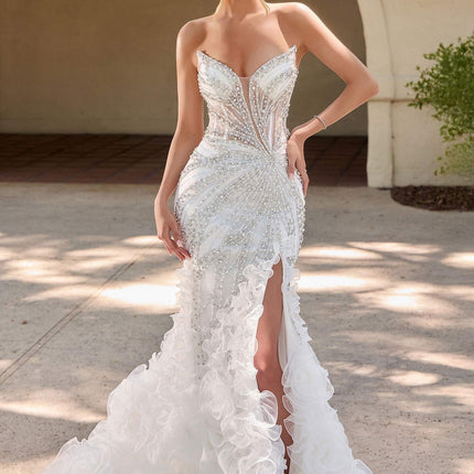 Ladivine CC2488W Plunging Neckline Fitted Mermaid Off White Gown