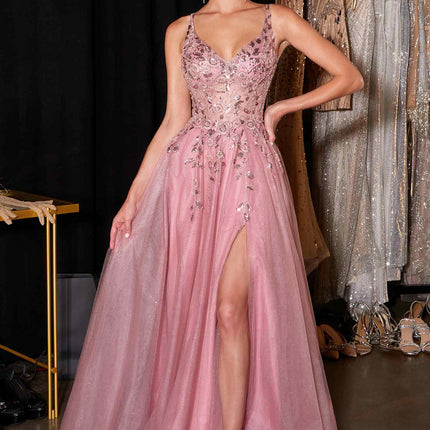 Ladivine CD2412 Magical A-Line Floral Applique Glitter Tulle Gown
