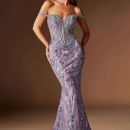 Ladivine CDS570 Fitted Formal Off Shoulder Gown with Detachable Skirt