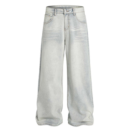 American Cleanfit Washed Denim Long Pants Men's Vintage Street Fashion Loose Straight Leg Distressed Wide Leg Dad Trousers