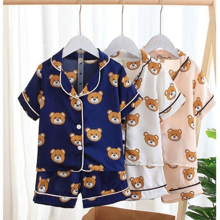 Luxury Modern Children's Pajamas Set Baby Suit Toddler Boys and Girls Ice Silk Satin Cartoon Printing Tops Pants Set Home Wear pajams for Kids