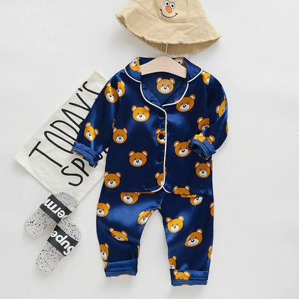 Luxury Modern Children's Pajamas Set Baby Suit Toddler Boys and Girls Ice Silk Satin Cartoon Printing Tops Pants Set Home Wear pajams for Kids