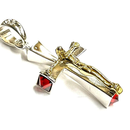 Solid Sterling Silver Cross Red Zircon Crucifix Necklace S925 heirloom jewelry Pendant for Women Cast Jewelry link Chain Jewellery for Girls