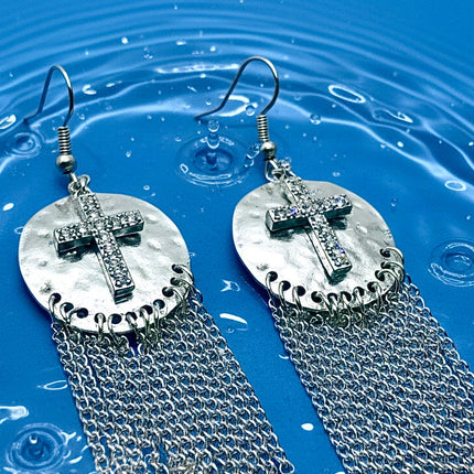 Silver or Gold Hammered Cross Earrings long chains CZ Zircon Crucifix Swag Bling Earrings Woman Cross Girls Drop Dangle Christian Jewelry Jewellery