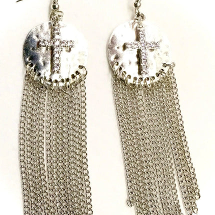 Silver or Gold Hammered Cross Earrings long chains CZ Zircon Crucifix Swag Bling Earrings Woman Cross Girls Drop Dangle Christian Jewelry Jewellery