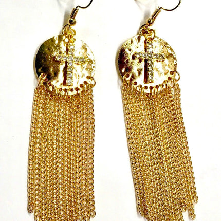 Silver or Gold Hammered Cross Earrings long chains CZ Zircon Crucifix Swag Bling Earrings Woman Cross Girls Drop Dangle Christian Jewelry Jewellery