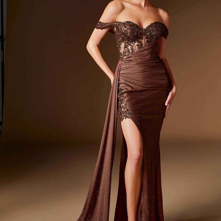 Ladivine J914 Off the Shoulder Fitted Side Sash Sweetheart Gown