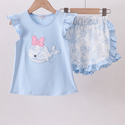 Blue Whale Applique Ruffle Shorts Set