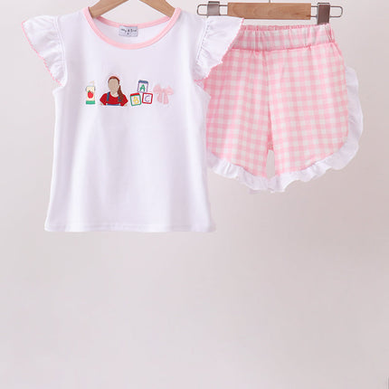 Pink Pencil ABC embroidery gingham ruffle shorts set