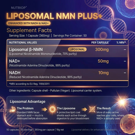 Nutriop® Max Strength Liposomal NMN PLUS+: Advanced Absorption NAD+ Complex (50 Capsules)
