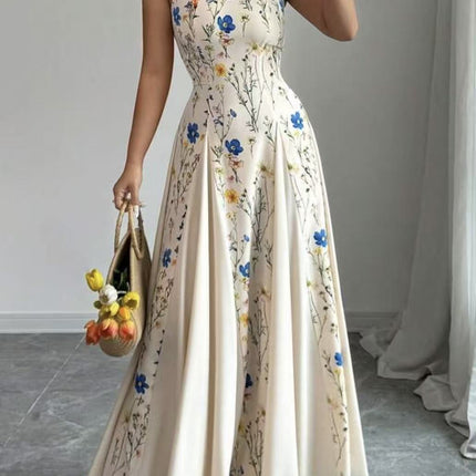 Summer Printed Waist Controlled Splicing Sling Maxi Dress Women Elegant Floral Dress