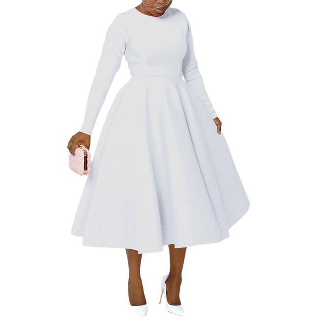 Women Clothing Solid Color round Neck Long Sleeve Flat Part of Knife Large Swing Dress