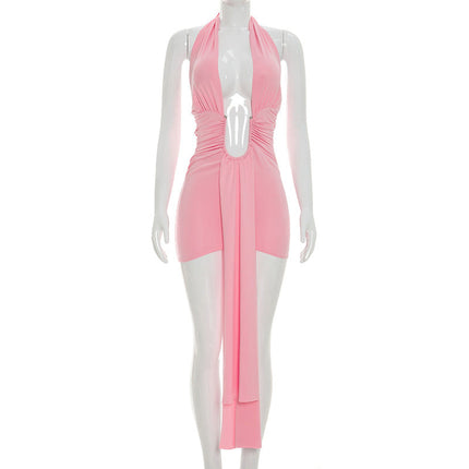 Women Clothing Summer Solid Color Casual Sleeveless Deep V Plunge Ribbon Halter Lace up Short Dress