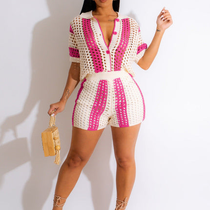 Women Clothing Sexy Women Hollow Out Cutout Out See Through Collared Knitted Shorts Suit