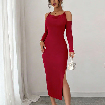 Cross Border Off Shoulder Dress Slimming Slit Bodycon Long Sleeve Formal Mid Length Dress For Banquets