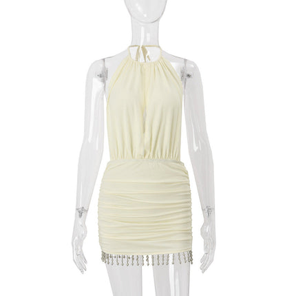 Women Clothing Summer Sexy Backless Elegant Sexy Solid Color Slim Fit Short Hip Hugger Dress Women
