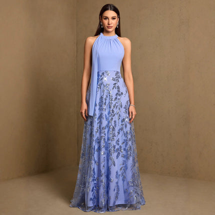 Summer Autumn Halter Elastic Ribbon Stitching Ruffle Embroidered Piece A Swing Evening Dress Party Dress
