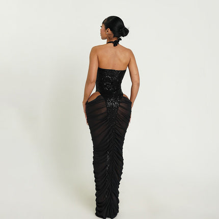 Autumn Winter Women Clothing Fashionable Sequ Stitching Sexy Mesh See through Ruffle Hip Dress