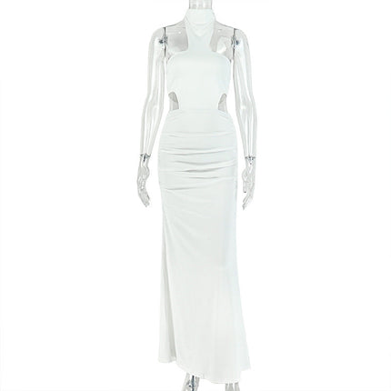 Solid Color Women Slim Fit Chest Wrapped Hip Dress Hanging Collar Sleeveless Split Evening Party Maxi Dress