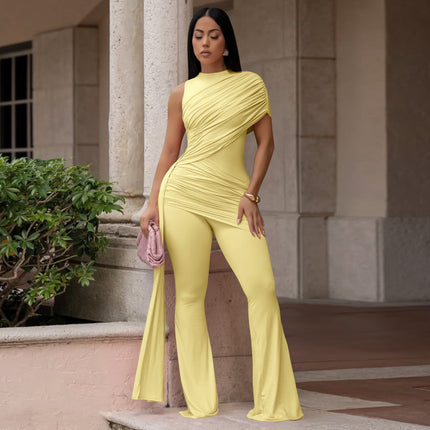 Women Clothing Summer round Neck One Shoulder Pleated Ribbon Sexy Slim Fit