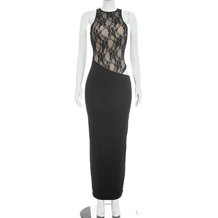 Women Clothing Autumn Solid Color Sexy Lace Stitching Sleeveless Waist Baring Slim Fit Maxi Dress
