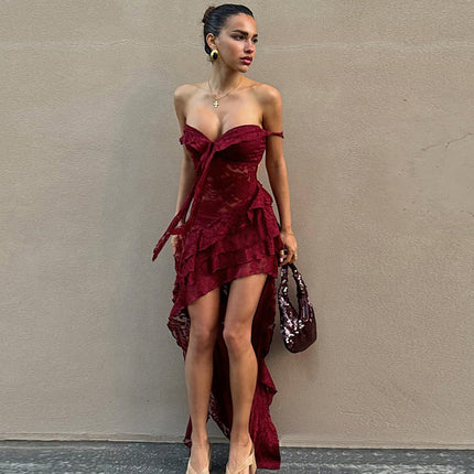 Women Clothing Summer Lace Sexy Slim Fit Tied Hollow Out Cutout out See through Irregular Asymmetric Tube Top Dress
