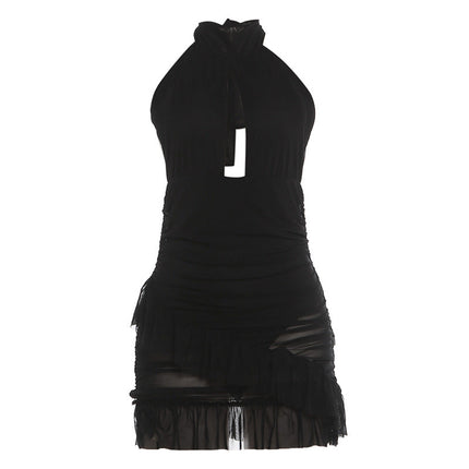 Summer Women Clothing Halter Backless Sexy Cutout See through Ruffled Sexy Sheath Dress
