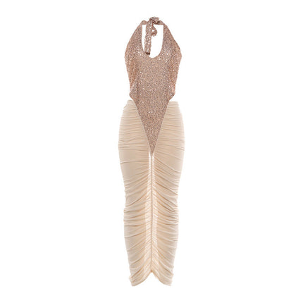Autumn Winter Women Clothing Fashionable Sequ Stitching Sexy Mesh See through Ruffle Hip Dress