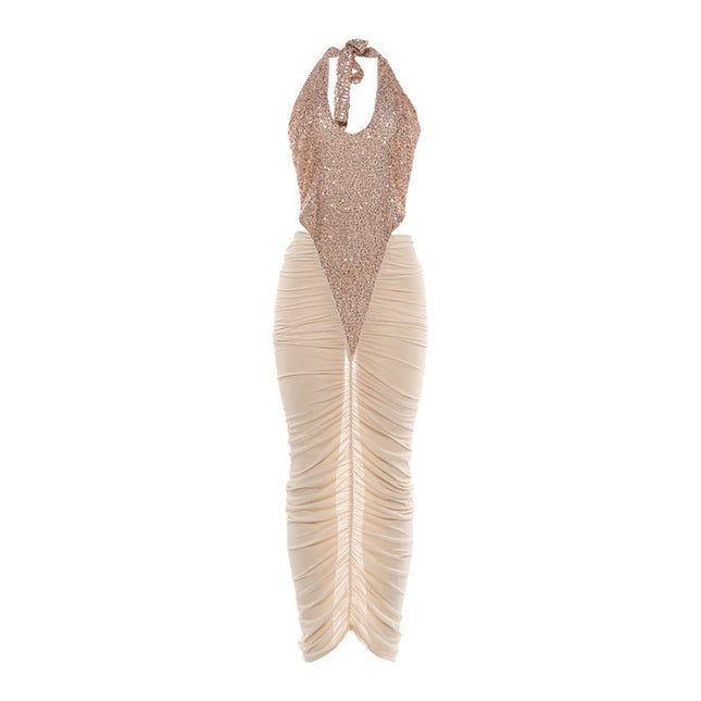 Autumn Winter Women Clothing Fashionable Sequ Stitching Sexy Mesh See through Ruffle Hip Dress