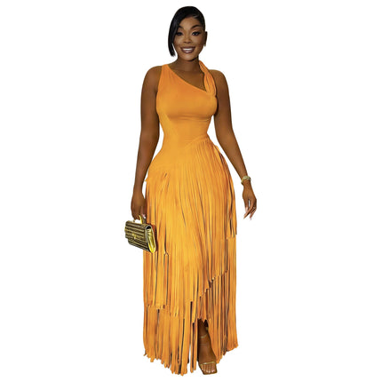 Women Clothing Solid Color Tassel Dress Elegant Slim Dress