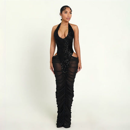 Autumn Winter Women Clothing Fashionable Sequ Stitching Sexy Mesh See through Ruffle Hip Dress