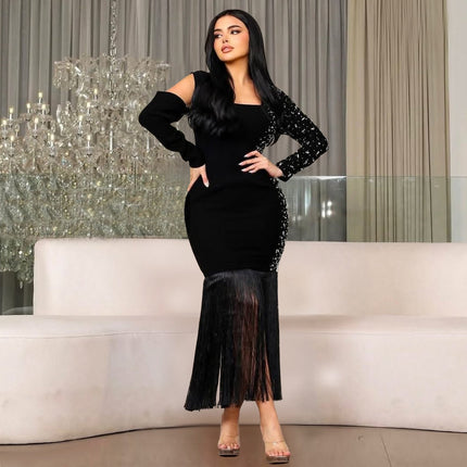 Women Wear Sexy Bag Arm Long Sleeve Rhinestone Tassel Dress