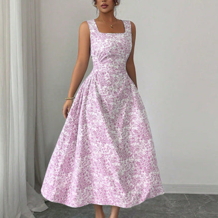 Printed Square Collar Dress Summer Slim Fit Slimming Floral Dress Women Wear