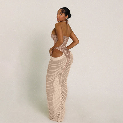 Autumn Winter Women Clothing Fashionable Sequ Stitching Sexy Mesh See through Ruffle Hip Dress