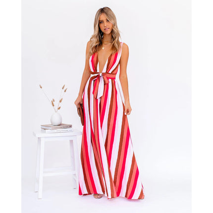 Sexy Strap Deep V Plunge Striped Casual Dress Home Loose Lace up Large Swing