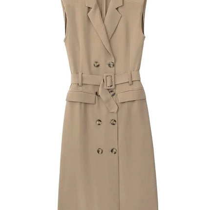 Foridol Khaki Double Breasted Sleeveless Office Windbreaker Style Dress Turn Down Collar Lady Elegenta Vintage Belt New Vestidos