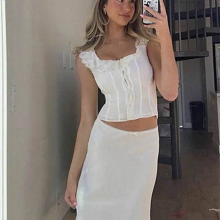 Foridol White Lace Summer Women Set Sleeveless Crop Top+midi Skirt Outfits 2025 Beach Holiday Chic Vintage Sundress Dress Set