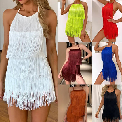 Sexy Backless Mini Dress Women Fashion Halter Neck Solid Color Fringes Short Dress Lady Carnival Party Dress up Women Clothes