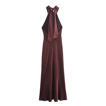 Foridol Halter Satin Dress Women Sexy Backless Burgundy summer spring Dress Elegant Maxi Long Party Dress Christmas Vestidos