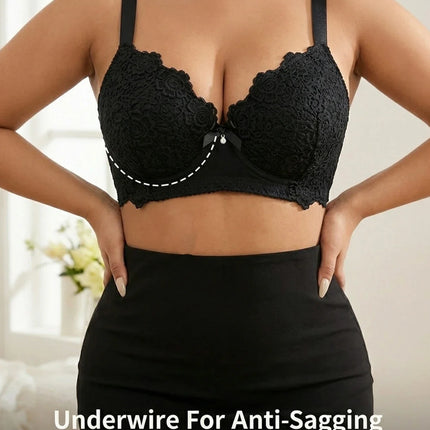 Plus Size Floral Lace Women Push-Up Bra Underwire Support Anti-Sagging Underwear Comfy Wide Straps Thin Cup Daily Lingerie Bra