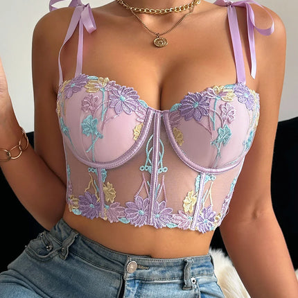 1Pcs Women's Sexy Bra Mesh Bustier Crop Top Floral Embroidery Push up Bra Hollow Out Lace Ladies' Underwear