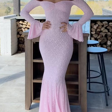 Elegant French Style Pink Long Dress Women Lace Long Sleeved Dress Evening Gown Party Wedding Dress up Lady Spring Summer Outfit