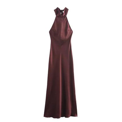 Foridol Halter Satin Dress Women Sexy Backless Burgundy summer spring Dress Elegant Maxi Long Party Dress Christmas Vestidos